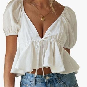 Remidoo Womens Puff Short Sleeve Tie Back V Neck Ruffle Hem Plain Crop Top